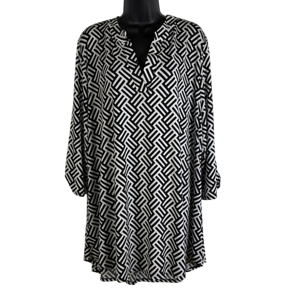 honeyme curvy Womens Black White Geometric Print Tunic Top XXL V-Neck 3/4 Sleeve